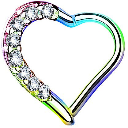 Segment Clicker Scharnier Ring Piercing Herz mit Kristall Glitzer Septum Tragus Helix Nase Lippe Nasenring Nasenpiercing Ohr Knorpel Daith - Rainbow | rechts