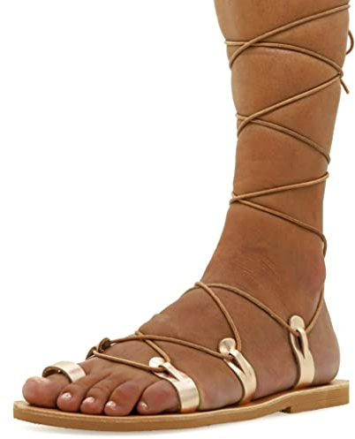 Emmanuela Sandali di cuoio in vitello in stile antico in stile greco antico, gladiatore fatti a mano, scarpe di alta qualità, Boho Chic Toe Anello Sandali in pizzo, Oro rosa, 36 EU