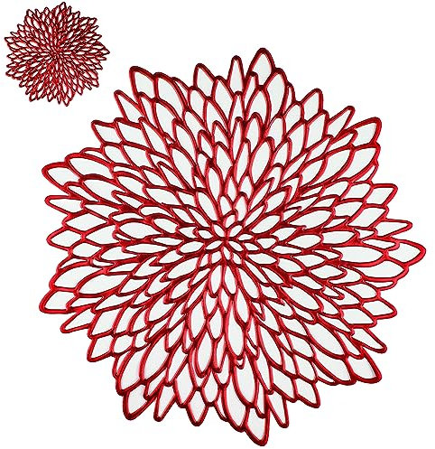 Snowkingdom 12 Pack Red Placemats Metallic Shiny Pressed Vinyl Dinning Round Table Mats Leaf Decoration for Christmas Valentine's Day Weddings Holiday Winter Celebrations