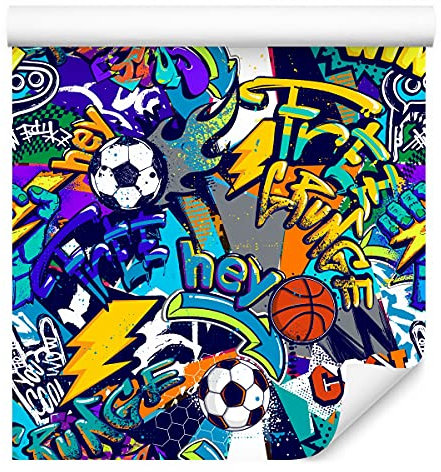 Muralo Tapete 10m Rolle Vlies Tapete Graffiti Aufschriften Jugend Sport Bälle Fußball Vliestapete 1000 x 53cm Wand Tapete Wohnzimmer Schlafzimmer Moderne Wanddeko Wand Dekoration
