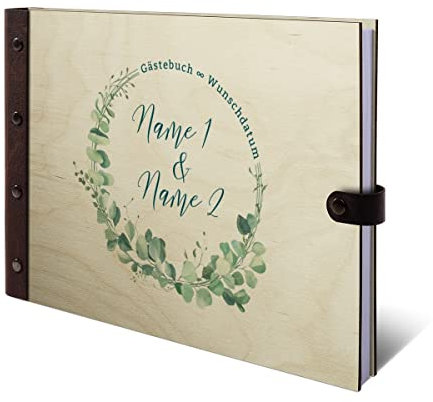 Hochzeit Gästebuch Birkensperrholz mit Lederrücken UV-Druck individuell Holzcover 72 Blatt | 144 Seiten DIN A4 quer 302x215mm - Eukalyptus