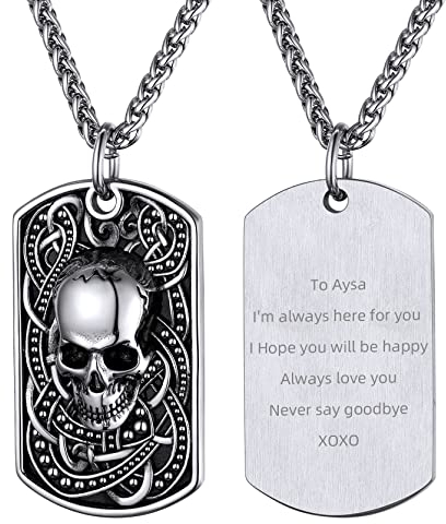 GoldChic Anpassbare Militärischer Totenkopf-Anhänger Halskette mit Motiven-Gravur Edelstahl Dog Tag Totenkopf Skull Halskette mit Schädel Anhänger Gotik Totenkopf Charm in Silber mit 55cm+5cm Kette