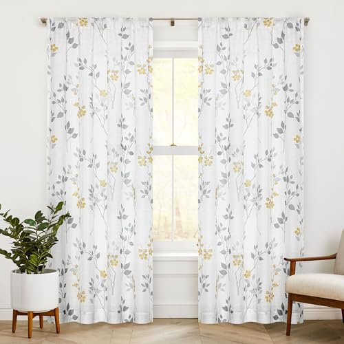 Beauoop Fenstervorhänge mit Stangentasche, Blätterdruck, 24 cm lang, botanisches Blumenmuster, Leinenstruktur, Vorhänge für Wohnzimmer/Schlafzimmer/Bauernhaus, Voile, gelb/grau, 2 Vorhänge