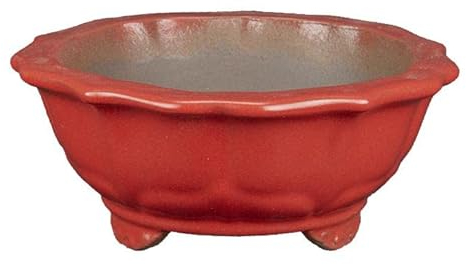 Runde Bonsaischale (Lotusblütenform) aus rot glasiertem Steinzeug 12,5x12,5x5 cm - A003
