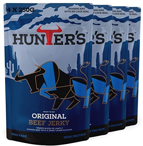 Hunters Original Beef Jerky, 1kg Pack of 4 x 250g Lightly Smoked Beef Jerky, High Protein, MSG Free, Tender slices of Beef infused with rich Umami flavours