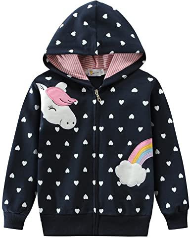 EULLA Kinder Mädchen Zip Up Hoodie Sweatjacke Kapuzenjacke Kapuzenpullover Langarm Baumwolle Einhorn Regenbogen Pullover Hoody Sweatshirt mit Reißverschluss 2# Dunkelblau Einhorn Regenbogen DE 122