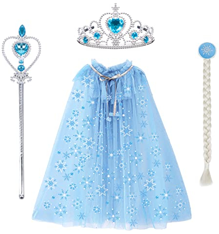 Landifor 4-teilige Prinzessin Kostüme Kinder Prinzessinsumhang elsa Schneeflocke Tüll Cape mit Krone Zauberstab Perücke Zopf für Mädchen Geschenk Karneval Partykostüm