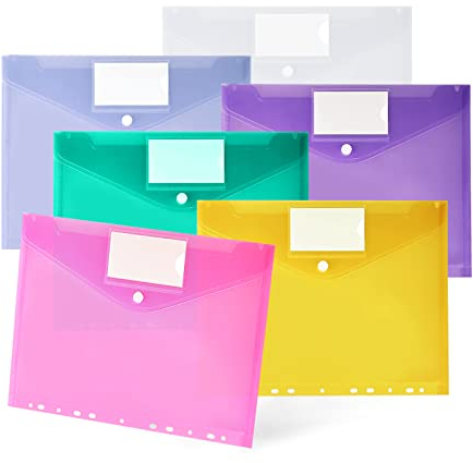 Dokumententasche A4 - 30er Pack, Transparent Sammelmappen mit 11 Lochrand und Etikettentasche, Sichttasche für Dokumente (6 Farben)