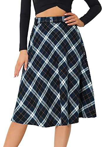 Allegra K Damen Tartan Plaid High Waist Gürtel Vintage A-Linie Midirock, blau / weiß, Klein