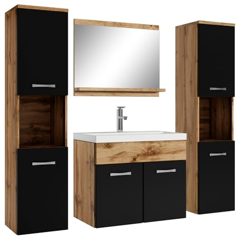 Badplaats B.V. Badezimmer Badmöbel Set Montreal XL 60cm Waschbecken Eiche mit mat Schwarz - Unterschrank Hochschrank Waschtisch Möbel