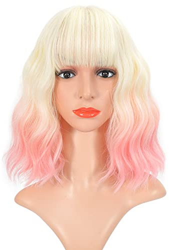 VCKOVCKO 2 Tone Color Curly Bob Wig With Air Bangs - Natural Curly Wavy Short Bob - Women's Shoulder Length Synthetic Cosplay Wig for Girl - Colorful - 12, 613-Light Pink