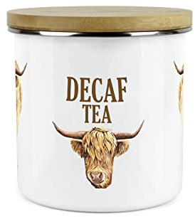 Purely Home Highland Cow Decaf Tea Canister - White Metal Enamel Kitchen Food Storage Container