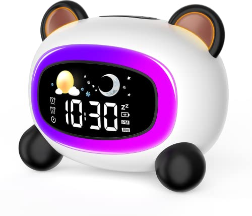 LEMNOI Réveil Enfant,Reveil Enfant Educatif Jour/Nuit 5 Couleurs Lumineux Reveille Lampe de Chevet avec Snooze e USB Charge,7 Types de Musique