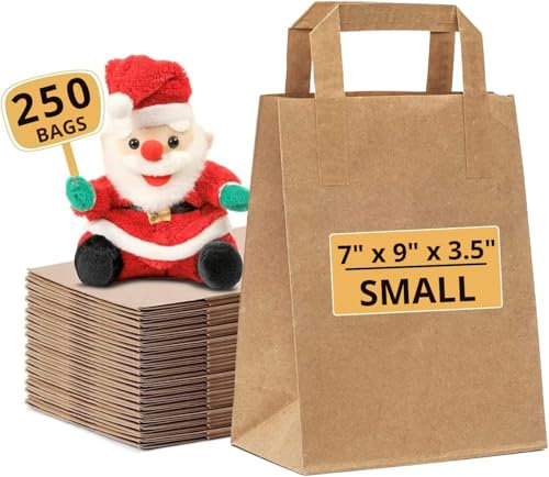 Paper Bags with Handles – 250 Small Brown Paper Bags (W7 x H9 x D3.5) – Small SOS Kraft Bags - Perfect for Lunch, Party, Gift, Storage, Packaging, Grocery Takeaway, Sandwich