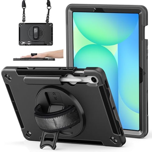 Junfire Funda Resistente para Samsung Galaxy Tab S10 FE/Tab S9 FE/Tab S9 (10,9/11) 2025/2023, Funda Protectora Antigolpes con Soporte Giratorio, Correa de Mano, Bandolera y Portaplumas – Negro