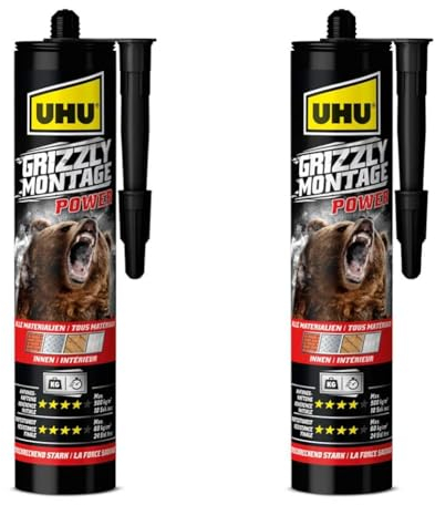 UHU GRIZZLY Montagekleber POWER Kartusche, Superstarker und schneller Montagekleber mit hoher Anfangshaftung und hoher Endfestigkeit für den Innenbereich, weiß 370g (Packung mit 2)