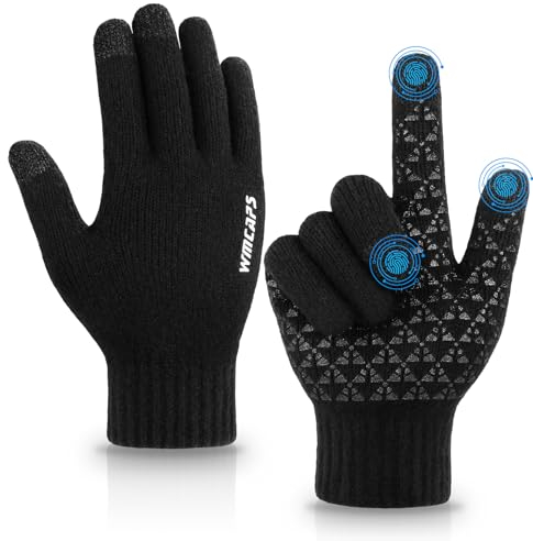 Wmcaps Winter Strickhandschuhe Warm Full Fingers Männer Frauen mit Upgraded Touch Screen - Anti-Rutsch Handschuh Fleece gefüttert, Laufen Radfahren Wandern Reiten Fahren Handschuhe (Large, Schwarz)