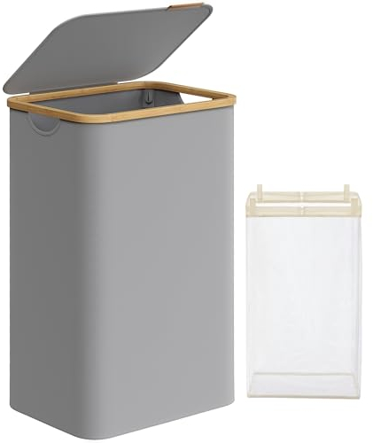 SONGMICS Laundry Basket with Lid, Large Laundry Hamper, 90L, Removable Mesh Liner, Oxford Fabric, Bamboo Handles, Collapsible, 42 x 32 x 70.5 cm, Dove Grey LCB509G01