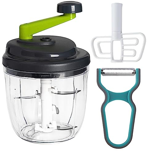 Tohoee 900ml Hachoir Oignon & Mixeur Manuel Multi-Hachoir Manuel avec 5 Lames en Acier Inoxydable Cordon de tirage pour Couper Les légumes (Manivelle Manuelle - Verte)