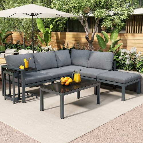 Merax Gartenmöbel Set für 5-Personen, Lounge Sitzgruppe Outdoor mit Couchtisch & Beistelltisch, Ecksofa-Set aus Aluminium, wetterfeste Lounge-Möbel, für Garten Balkon und Terrasse, inkl. Kissen, Grau