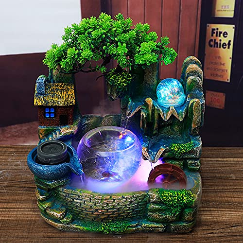 Zimmerbrunnen LED Tisch Zimmer Wasser Farbwechsel Springbrunnen Nebel Tischbrunnen Wasserfall mit Fischbecken und Pflanzen Desktop Simulation Harz Aquarium Wasserbrunnen