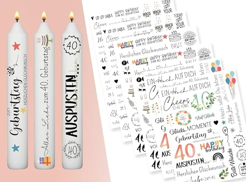 Sugeru 6 PCS Kerzentattoo (200+ Muster) - 40. Geburtstag,Wassertransferdruck | wasserschiebefolie kerzen | Kerzenfolie | kerzenaufkleber sticker | deko geschenk 40 geburtstag,Happy Birthday(40)
