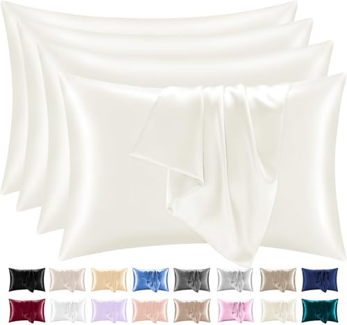 Lazzaro Satin Silk Pillowcases for Hair and Skin - Hypoallergenic Silk Pillow Cases 4 Pack with Envelope Closure - Ultrasoft Standard Size Ivory Silk Pillowcases (50 x 75 cm)