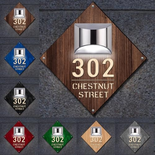 Panneau de maison en bois personnalisé avec lumière solaire pour numéro de porte, adresse, numéros de maison personnalisés, nom de rue, panneaux modernes pour maison, bureau, cour