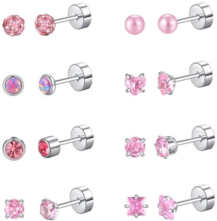 FANCH 8Paia Ipoallergenico Flat Back Orecchini per le Donne Ragazze Piccolo Cubic Zirconia Perla Ball Cuore Opale Vite Back Orecchini a Perno Flat Back Orecchini in Acciaio Inossidabile 316L Rosa