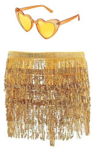 Damen Pailletten Rock Quaste Glitzerrock Hüft Pailettenrock Rave Röcke Gläser Set Fransenrock für Tanz Club Halloween Kostüm (DE/NL/SE/PL, Alphanumerisch, Einheitsgröße, Regular, Regular, Gold)