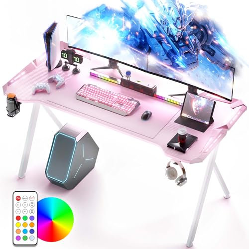 Dowinx Gaming Desk with LED Lights, RGB Gaming Computer Desk, Gaming Table with Carbon Fibre Surface, LED Home Office Desk with Remote Control, PC Workstation with Cup Holder and Headphone Hook, Pink