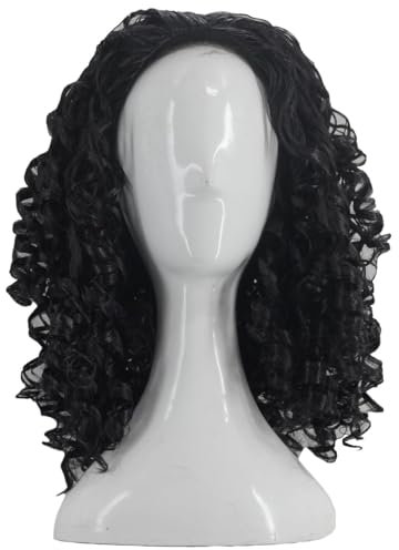 PORSMEER Unisex Long Curly Fluffy Wavy Black Wig Halloween Costume Cosplay Wig,Black Rocker Fancy Dress Accessories