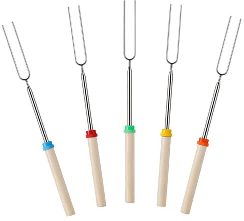 5 Pack Marshmallow Toasting Forks Kit, Extendable Stainless Steel Smores Sticks for Fire Pit, BBQ and Campfire, Outdoor Campfire Accessories for Roasting Marshmallows and Hot Dogs