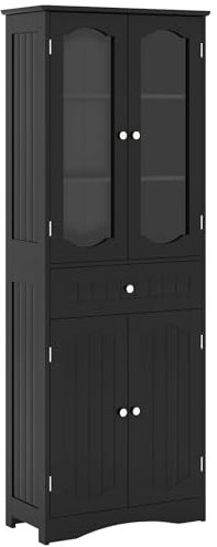 COSTWAY 160cm Tall Bathroom Cabinet, Freestanding Storage Cupboard with Tempered Glass Doors, Adjustable Shelves and Drawer, Wooden High Floor Cabinet Unit for Living Room Kitchen Hallway (Black)
