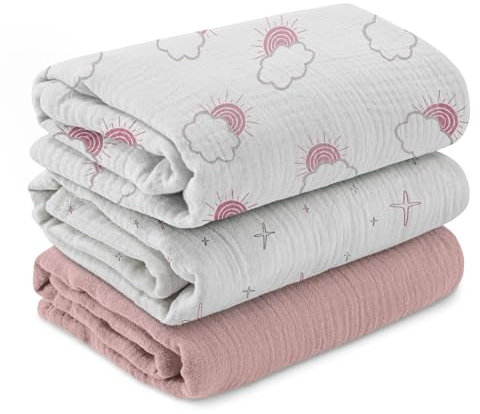 Soarwg Kids Musselin Pucktücher für Neugeborene, 3er-Set Babydecken 95 x 100 cm – Weiche Baby Swaddle Decke, Spucktücher, Wickeltuch – Perfekt für Babyparty,Sonnenlicht