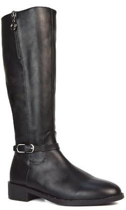 ESSEX GLAM Women's Knee High Boots Flat Low Heel Ladies Zip Calf Leg Black Synthetic Leather Biker Riding Shoes Size 3