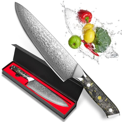 Damascus Chef Knife, Professional Kitchen Knife, Made of 67 Layers of VG-10 Damascus Steel, Chef's Cooking Knifes with Ergonomic Black and Gold Handle, for Home Restaurant, Gift Box