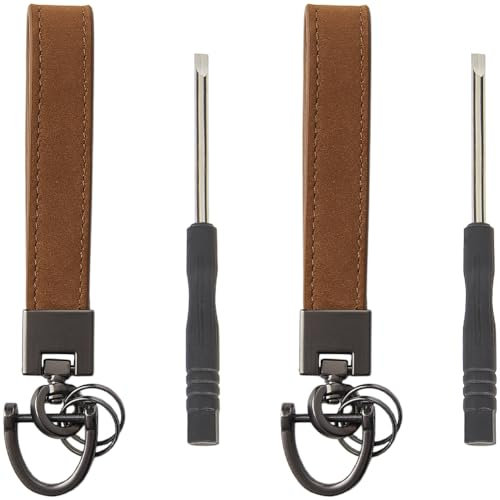 GORGECRAFT 2 Ensemble de Porte Clés avec Dragonne en Cuir de Vache et Longue Sangle avec Anneau en D en Métal Tournevis Porte Clés de Voiture en Cuir Véritable Camel Accessoires en Alliage Support
