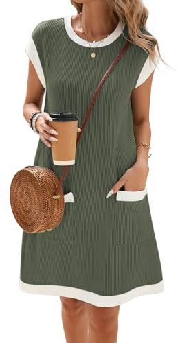 Famulily Summer Dresses for 2025 Women UK Casual T-Shirt Cap Sleeve Dress Loose Swing Rib Texture Sundress Army Green M
