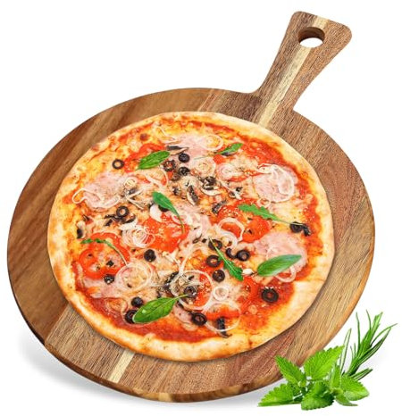 BORDEAG Assiette à pizza en bois avec poignée, planche à pizza Ø 30,5 cm, grande assiette à pizza ronde avec poignée, plateau à pizza pour planches à découper en bois, planche à fromage, planches à