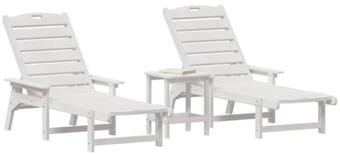 vidaXL Garden Beds 3-Piece Set White HDPE, Sun Lounger White 53 x 162 x 98.5 cm HDPE, Adirondack Side Table White 38 x 38 x 45 cm HDPE