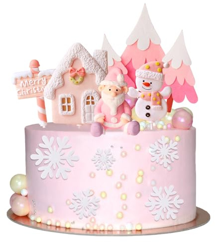 12 Stück Rosa Weihnachts-Kuchendekorationen, Weihnachts Cupcake Toppers, Xmas-Kuchenaufsätze mit Mini-Ballon, Weihnachtsbaum, Tannenzapfen, Beeren, Rentier für Weihnachtsfeiern