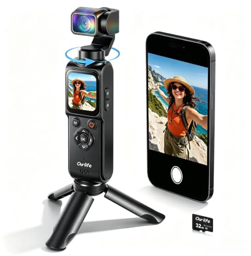 Ourlife Videocamera Vlogging con mini video e audio 2,3 '' CMOS e 4K/120fps Pocket Cam 330 ° di rotazione della fotocamera per sport all'aperto, bici, viaggi, fotocamera digitale touch screen da 1,7