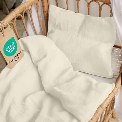 Dreamzie Baby Bettwäsche 80x80 cm + Kissenbezug 35x40 - Musselin aus 100% Baumwolle, Oeko-TEX Zertifiziert,atmungsaktiv & weich, ideal für Sommer & Kinderwagen - Creme