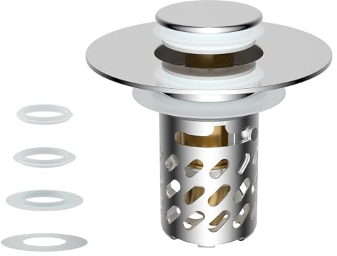 iFealClear Upgraded 3 in 1 Bathroom Sink Plug, Hair Catcher, Pop Up Sink Strainer Plug with Detachable Stainless Steel Filter Basket, Fits Sink Holes' Diameter of 30-46 mm and a Depth > 50 mm, Chrome