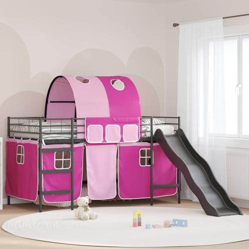 Owoxanthellate Hochbett in Schwarz Rosa mit Rutsche und Vorhängen aus Stahlrahmen 205 x 95 x 116 cm Abenteuerlich Modern Stabil Langlebig für Kinderzimmer und Gästeecke