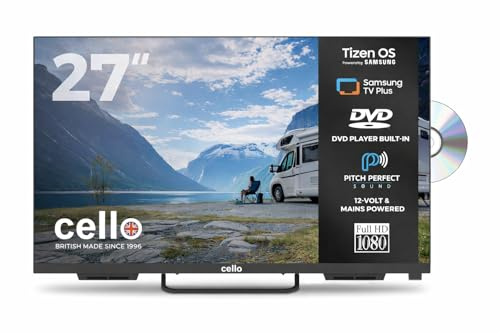 Cello CTRAV-27TZF TV/DVD LED Smart 12V Traveller 27 Pouces avec Tizen OS de Samsung, Haut-parleurs Pitch Perfect, Bluetooth, téléviseur idéal pour Camping-Cars, Triple Tuner
