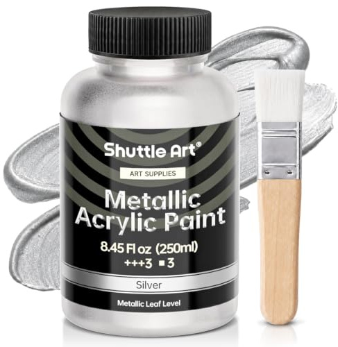 Shuttle Art Acrylfarbe Silber, Silber Metallic Acrylfarben Set (250ml, 8,45oz) mit 1 Pinsel, Glitzer Acrylfarbe für Kinder, Erwachsene zum Basteln, Malen, Dotting auf Leinwand, Holz, Stein, Halloween