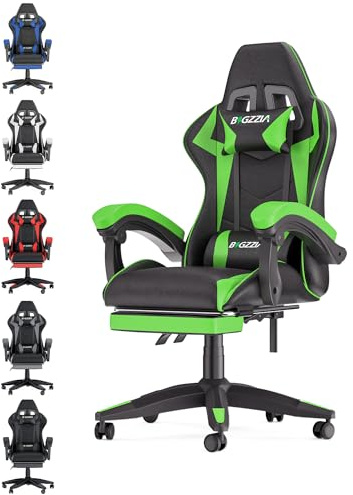 bigzzia Gaming Chair with Footrest and Ergonomic Computer Chair Reclining PU Leather High Back Video Game Chair (Green)