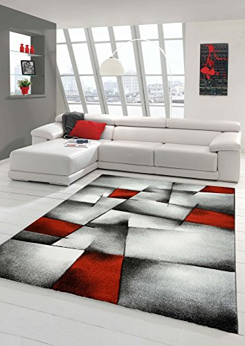 Teppich-Traum Designer Teppich - Moderner Wohnzimmer Kurzflor Mit Konturenschnitt Karo Muster - Rot Grau Weiß Schwarz - Größe 160x230 cm